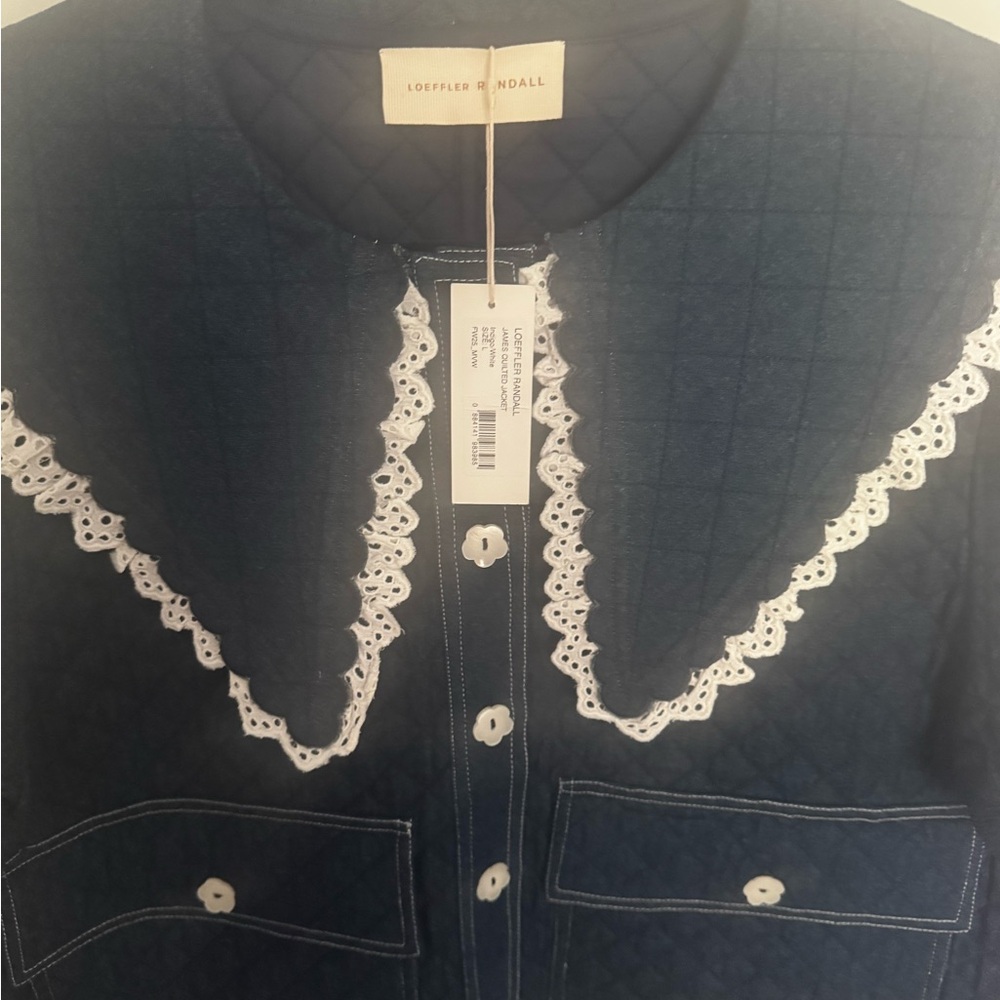 Loeffler Randall Navy Quilted Utility Jacket with White Lace Trim - Picture 2 of 4